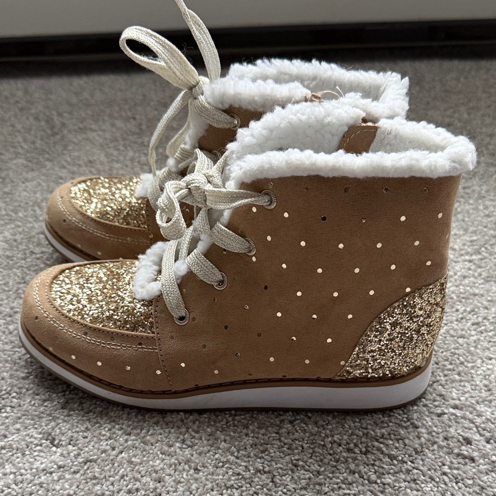 Self Esteem Tan Glitter Lace-Up Kids Boots with White Faux Fur